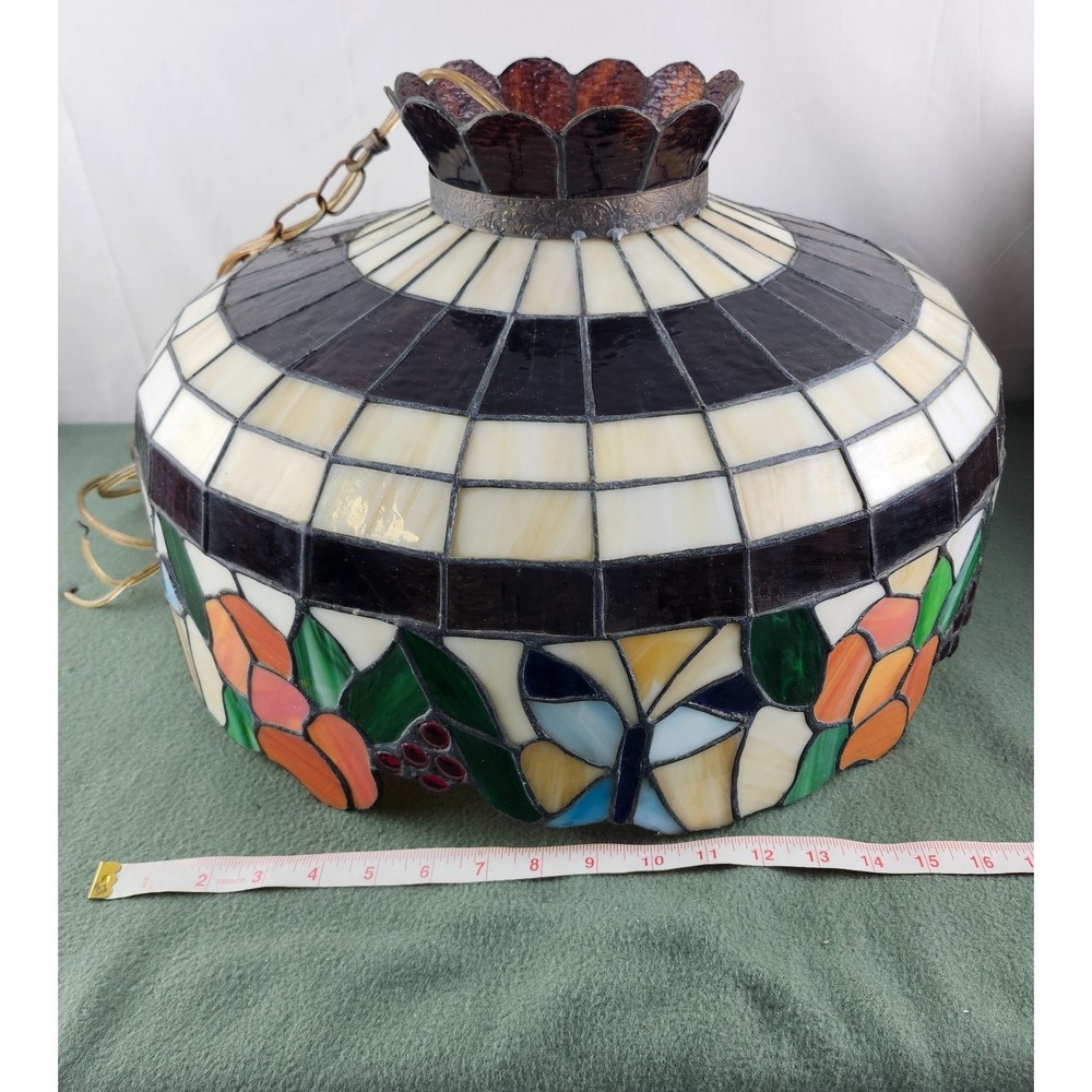 Nice! Large Vintage Tiffany Style Slag Glass Shade Grapes Pattern 18" Across